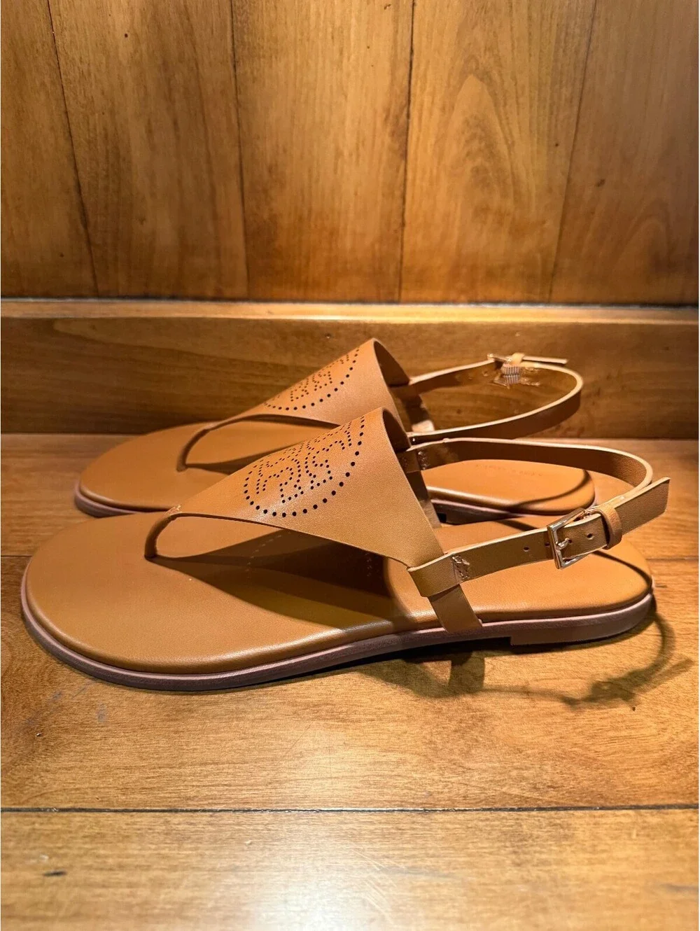 New Tory Burch Capri Perforated Logo Leather Slingback Sandals Women's Size 9